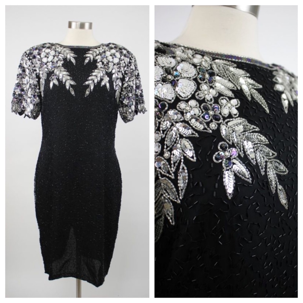Vtg 80s Stenay Black and Silver Beaded Silk Dress